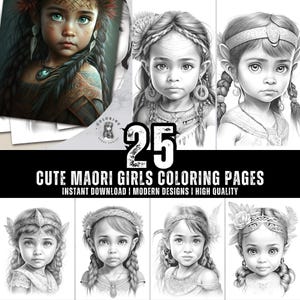 25 Cute Maori Girls Coloring Book - Coloring Pages for Kids & Adults - Fun, Relaxing and Stress Relief Art Creativity - Digital Download