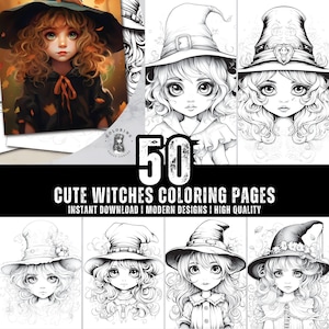 50 Cute Witches Coloring Pages for Kids & Adults  Fun and Relaxing PDF Coloring Book Designed for Creativity Instant Download
