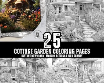Cottage Garden Coloring Pages - Adult, Teens And Kids Coloring Book, Fantasy Coloring Sheets, Instant Download, Printable PDF