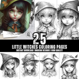 25 Little Witches Coloring Book - Coloring Pages for Kids & Adults - Fun, Relaxing and Stress Relief Art Creativity - Digital Download