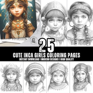 25 Cute Inca Girls Coloring Book - Coloring Pages for Kids & Adults - Fun, Relaxing and Stress Relief Art Creativity - Digital Download