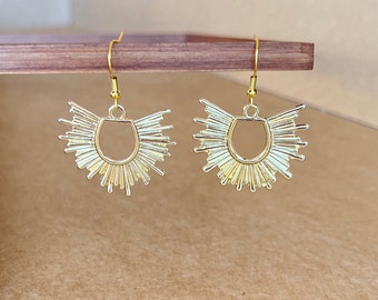 Gold sun earrings, gold flower earrings, statement earrings, dandle earrings, geometric earrings, fashion gold earrings, star earrings, gift
