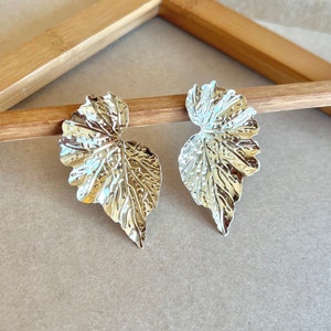 Textured gold leaf earrings, gold boho earrings, statement earrings, floral earrings, nature earrings, summer earrings, gift for her