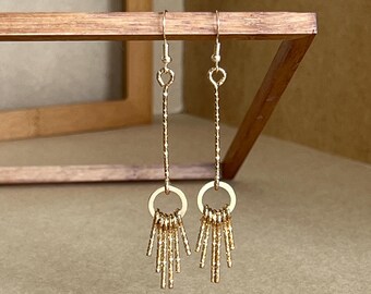 Gold tassel earrings, long dangle earrings, gold geometric earrings, statement earrings, modern earrings, unique design earrings, gifts