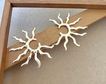 Gold sun earrings, statement gold earrings, gold flower earrings, geometric earrings, celestial studs, party fashion gold earrings