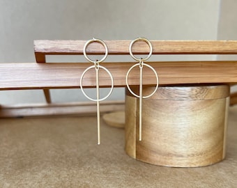 Gold geometric earrings, long dangle ring earrings, statement earrings, modern earrings, unique gold earrings