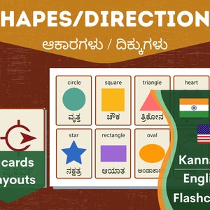 Shapes and Directions - Kannada/English Printable Flashcards - 24 words | Language Learning | Bilingual | Vocabulary | PDF