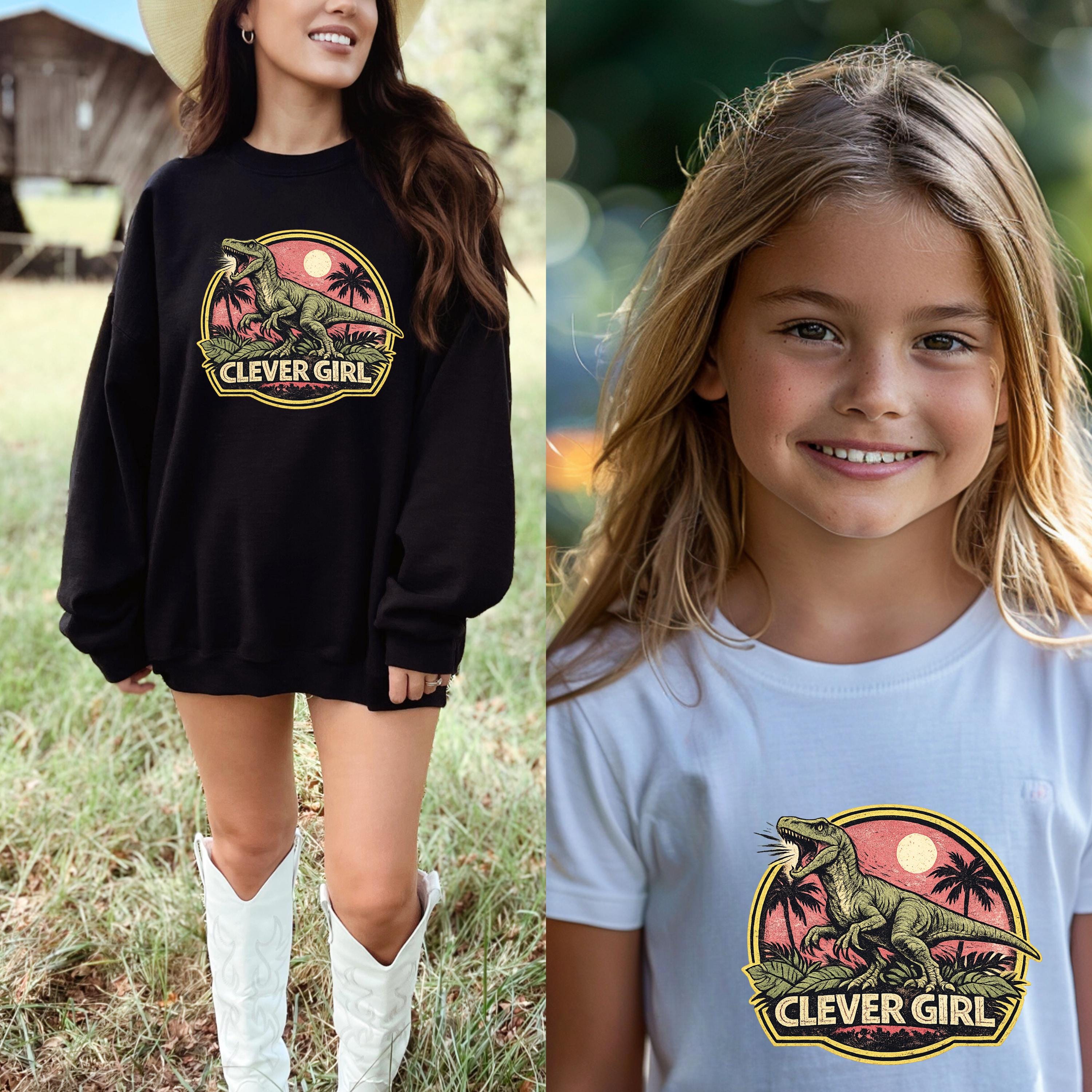 Clever Girl Dinosaur Shirt, Vintage Jurassic Style T-Shirt & Sweatshirt, Funny Dinosaur Graphic Tee, Unisex Adult and Youth | Raptor Shirt