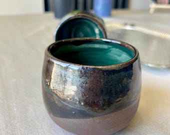 Handmade Wabi Sabi Ceramic Tea Cup: Black Clay & Green Glaze