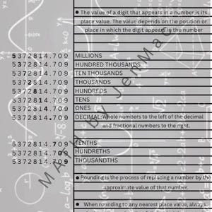 Peut inclure: Un tableau éducatif noir et blanc intitulé "Valeurs de position et arrondi". Le tableau comprend une liste des valeurs de position, des exemples de nombres et des explications des règles d'arrondissement. Le texte est clair et facile à lire.