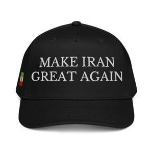 May include: Black baseball cap with the embroidered text "MAKE IRAN GREAT AGAIN" in white. The cap features the Iranian flag on the side. A stylish and patriotic accessory.
