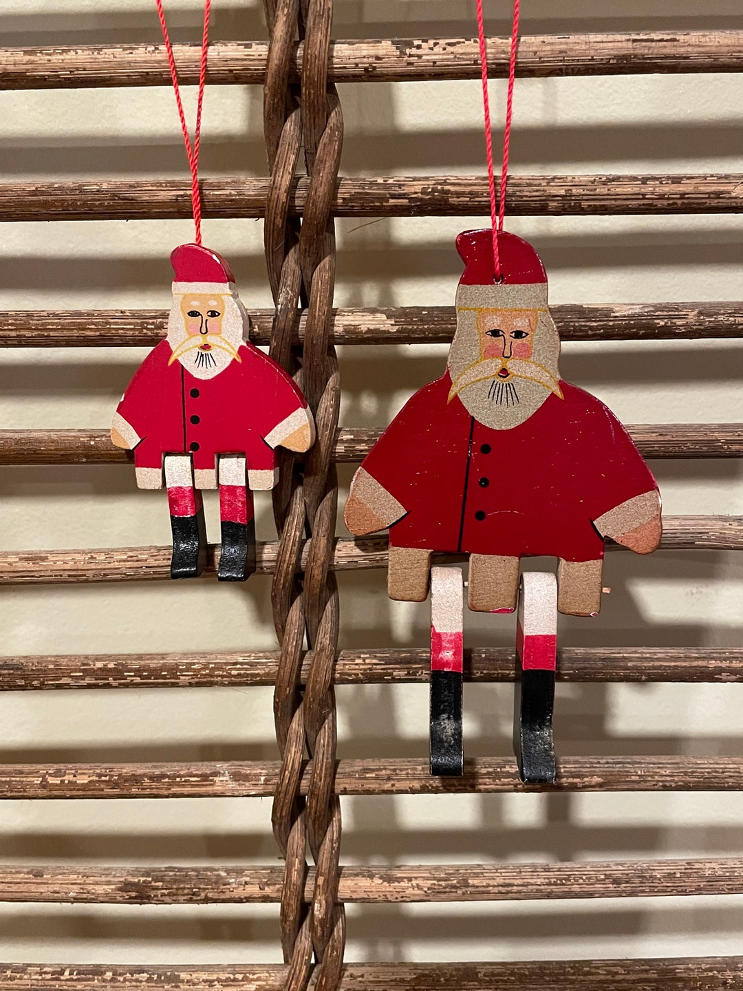 Vintage Flat Wood Painted Santa With Movable Dangle Legs Hanging ...