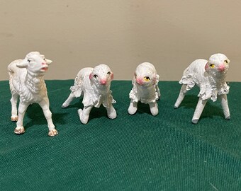 Vintage White Miniature Sheep, Suitable for a Nativity or Creche, 3 Metal, 1 Plastic