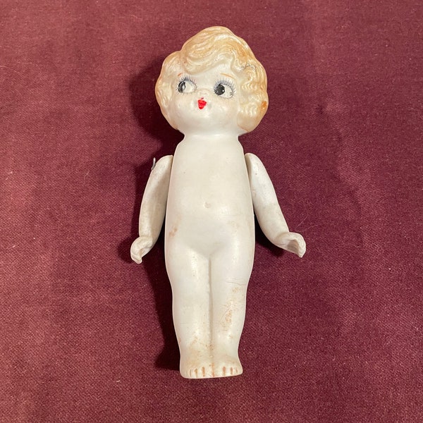 Porcelain Bisque Kewpie Doll with Blonde Hair and Red Lip, Japan 1940s