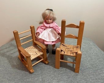 Doll Toy Furniture in Blonde Wood, Rocking Chair and High Back Chair
