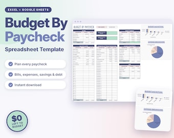 May include: A digital spreadsheet template titled Budget By Paycheck for Excel and Google Sheets. The interface displays tables for income, bills, and expenses, alongside bar charts and pie charts for budget analysis and a circular badge stating $0 Left To Budget.