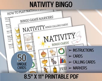Jeu de bingo de la Nativité, bingo de Noël, jeu biblique, jeu d'église, jeu d'école du dimanche, bingo des fêtes pour les enfants, jeu de bingo à imprimer