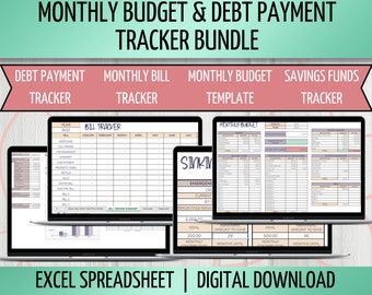 Monthly Budget with Debt Payment Tracker Spreadsheet Bundle | Monthly Bill Tracker | Savings Fund Tracker | Excel Spreadsheet Template
