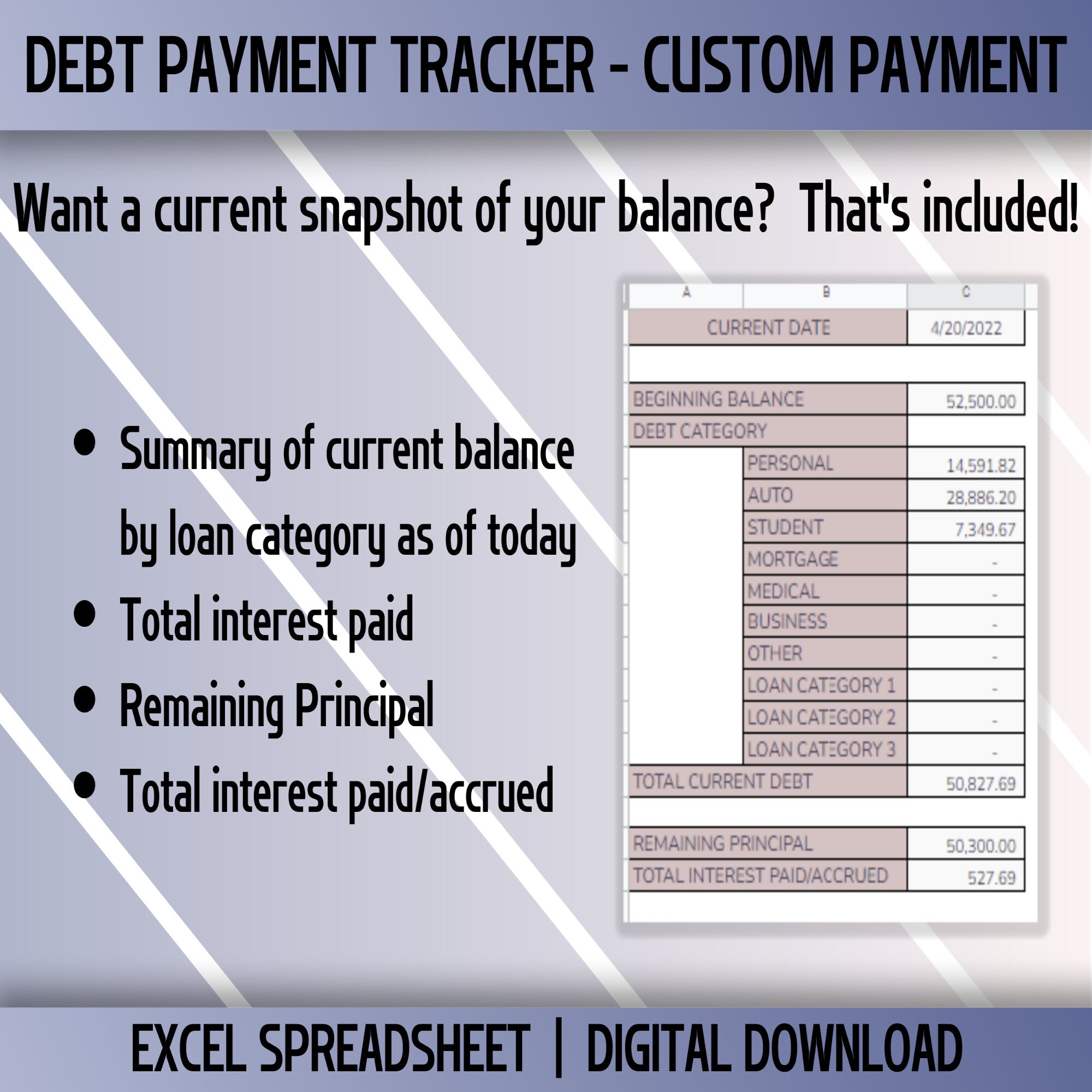 Debt Payment Tracker, Excel Spreadsheet Template, Customizable Payments