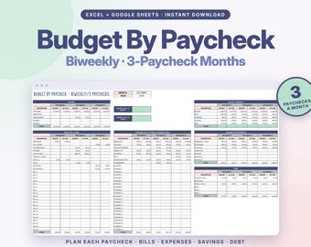 Puede incluir: Una plantilla de hoja de cálculo de presupuesto digital titulada Budget By Paycheck Biweekly 3-Paycheck Months. La interfaz incluye tablas para el seguimiento de ingresos, facturas, gastos, ahorros, inversiones y deudas.