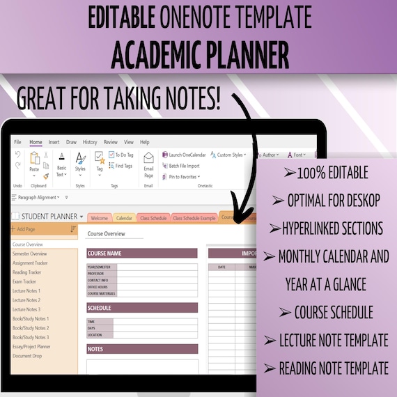 OneNote Academic Planner, OneNote Student Planner, 100% Editable & Customizable, Desktop, Windows, Tablet, iPad