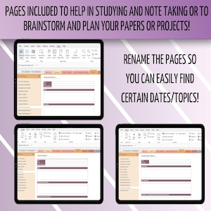 May include: Three screenshots of a computer screen showing a student planner template in Microsoft OneNote. The planner includes sections for class schedules, lecture notes, book study notes, and project planning. The text on the screen reads "STUDENT PLANNER" and "RENAME THE PAGES SO YOU CAN EASILY FIND CERTAIN DATES/TOPICS!"