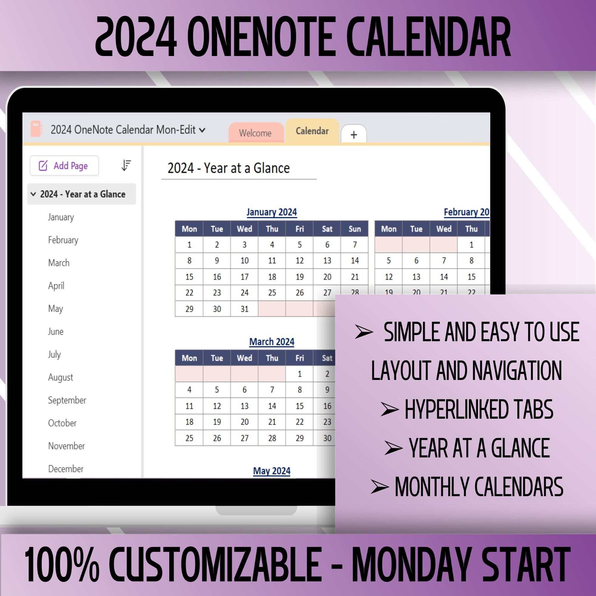 2024 Editable Onenote Calendar, Monday Start, Dated Digital Calendar,  Desktop, Windows, Tablet, iPad - Etsy
