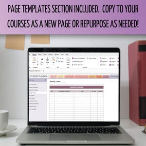 May include: A laptop computer screen displaying a student planner template with a reading tracker section. The template includes columns for date, assigned reading, notes, due date, and completed. The template is in a light purple and gray color scheme.