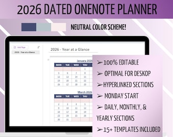 2026 OneNote Digital Planner, OneNote Digital Planner Template, 2026 Digital Planner, Hyperlinked 2026 Calendar