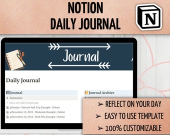 Daily Journal Notion Template, Digital Gratitude Journal with Notion Dashboard, Mental Health Journal, Brain Dump