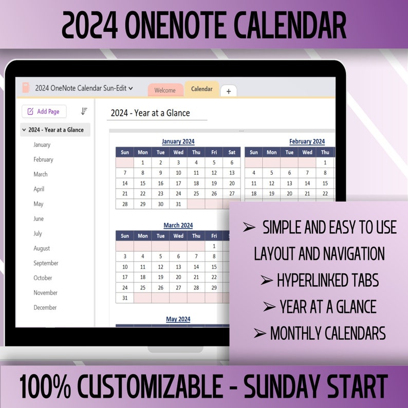 2024 Editable Onenote Calendar, Sunday Start, Dated Digital Calendar