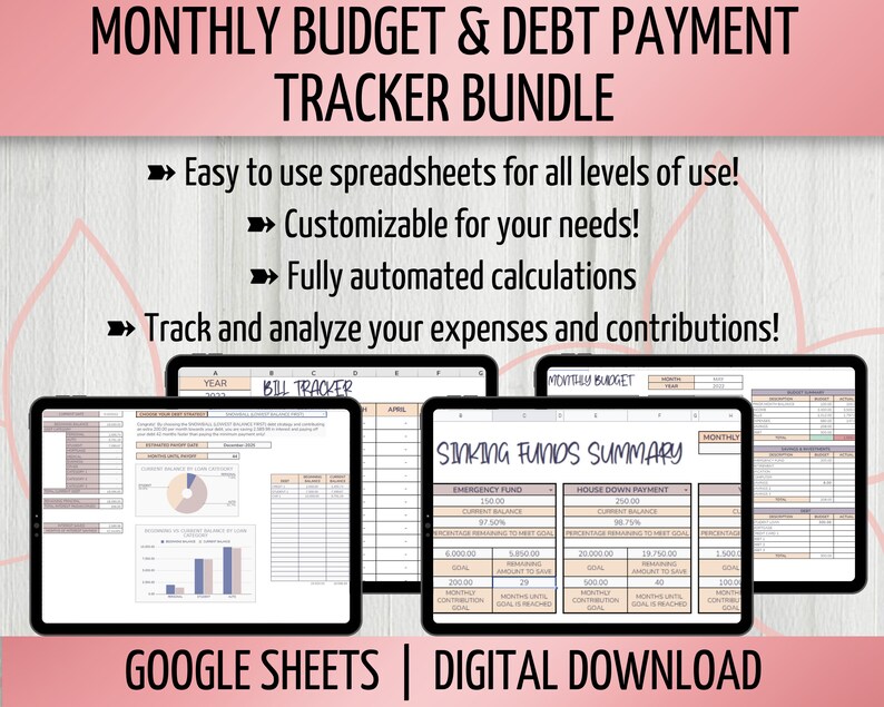 Monthly Budget with Debt Payment Tracker Spreadsheet Bundle, Monthly Bill Tracker, Savings Fund Tracker, Google Sheets Spreadsheet image 2