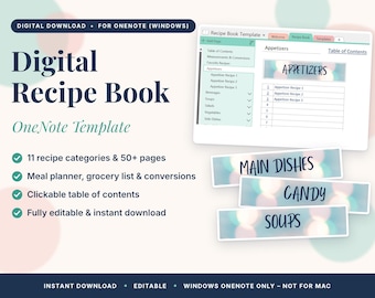 May include: A digital recipe book OneNote template for Windows featuring a clickable table of contents, 11 categories, and 50+ pages. The interface displays sections for appetizers, main dishes, candy, and soups with a light green and white color scheme.