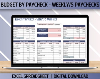 Budget by Paycheck Spreadsheet, Excel Spreadsheet Template, Weekly Paycheck Budget, Monthly Finance Planner
