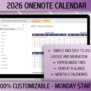 2026 bearbeitbarer OneNote-Kalender, Montagbeginn, datierter digitaler Kalender, Desktop, Windows, Tablet, iPad