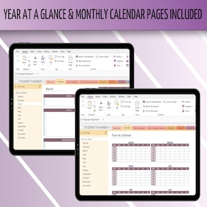 May include: Two screenshots of a digital planner app on a tablet. The app is called "Student Planner" and has a year at a glance calendar view. The calendar is divided into months and has a grid layout. The app also has a monthly calendar view, which is shown in the second screenshot. The monthly calendar view is for the month of March.