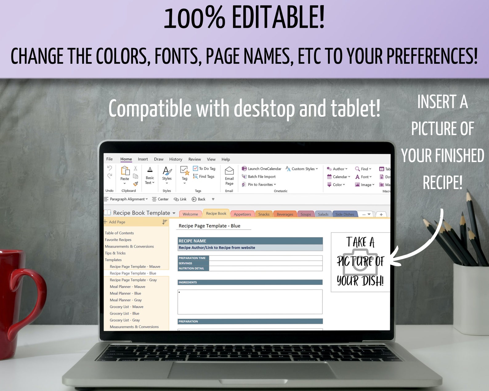 Digital Recipe Book, Onenote Recipe Book Template, 100 Editable