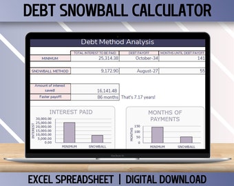 Debt Snowball Calculator, Excel Spreadsheet Template, Debt Payoff Tracker, Finance Planner