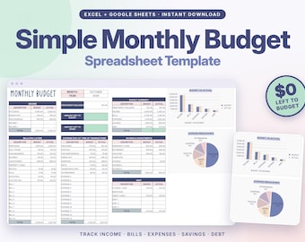 Puede incluir: Una plantilla de hoja de cálculo de presupuesto mensual digital para Excel y Google Sheets. La interfaz muestra tablas para ingresos, facturas, ahorros y deudas, junto con gráficos de barras y circulares para el desglose de gastos.