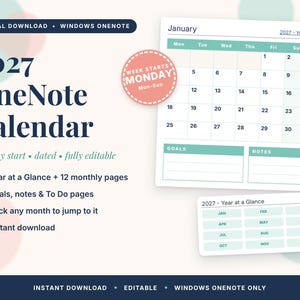 Pode incluir: Um calendário digital 2027 para OneNote com uma vista mensal de janeiro começando na segunda-feira, uma seção de resumo anual e áreas dedicadas para metas e notas. O layout inclui etiquetas de texto e ícones.