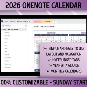 Edytowalny kalendarz OneNote na rok 2026, początek w niedzielę, datowany kalendarz cyfrowy, komputer stacjonarny, system Windows, tablet, iPad