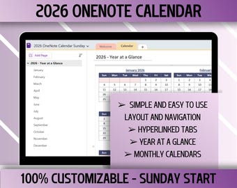 2026年編集可能なOneNoteカレンダー、日曜開始、日付付きデジタルカレンダー、デスクトップ、Windows、タブレット、iPad