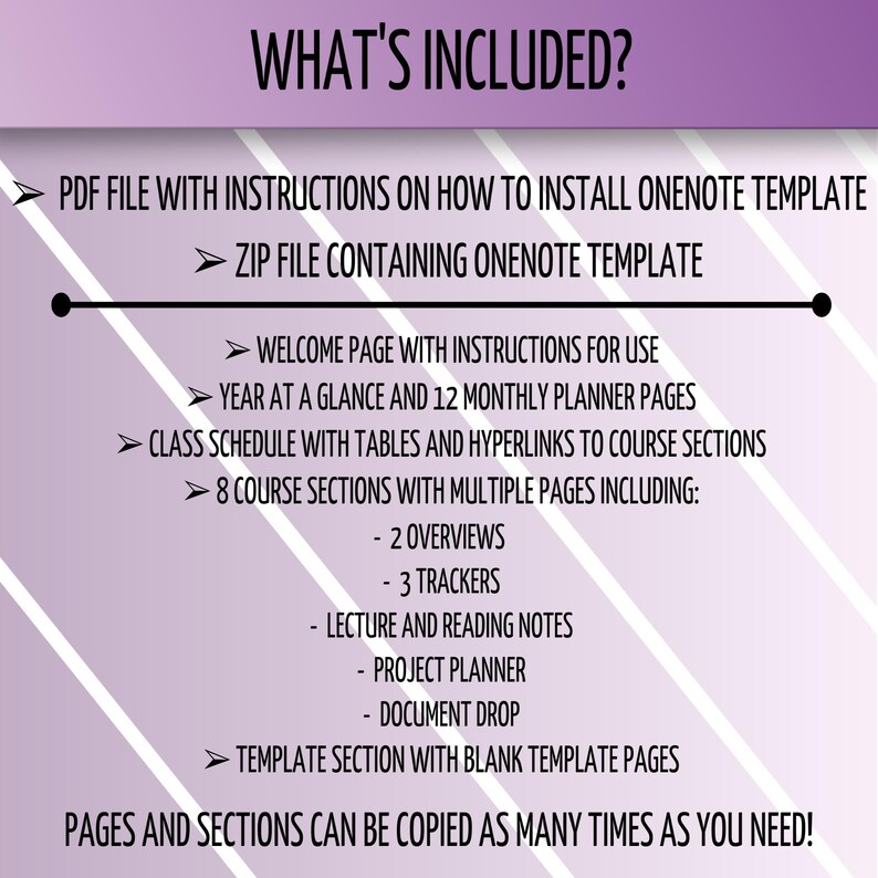 May include: A purple and white striped background with the text "WHAT'S INCLUDED?" in black. The text lists the contents of a digital planner template for OneNote, including a welcome page, year at a glance, monthly planner pages, class schedule, and 8 course sections with multiple pages. The text also states that pages and sections can be copied as many times as needed.