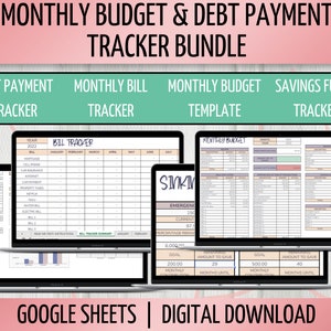 Monthly Budget with Debt Payment Tracker Spreadsheet Bundle, Monthly Bill Tracker, Savings Fund Tracker, Google Sheets Spreadsheet image 1