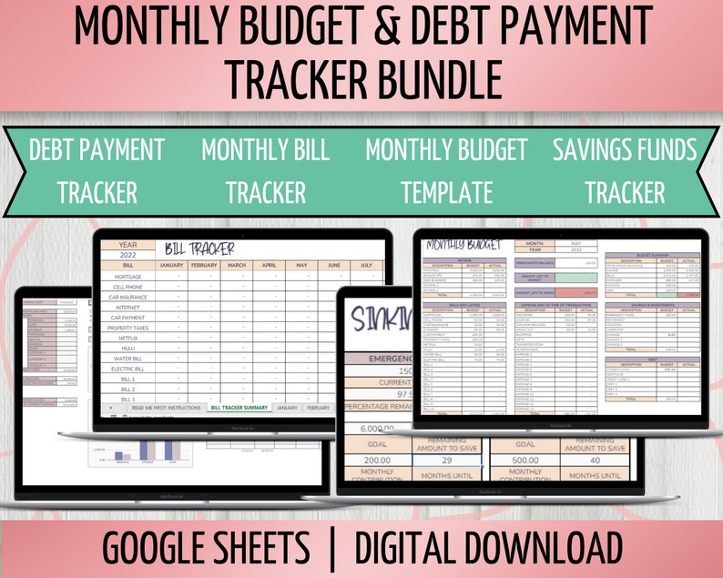 Monthly Budget with Debt Payment Tracker Spreadsheet Bundle, Monthly Bill Tracker, Savings Fund Tracker, Google Sheets Spreadsheet image 1