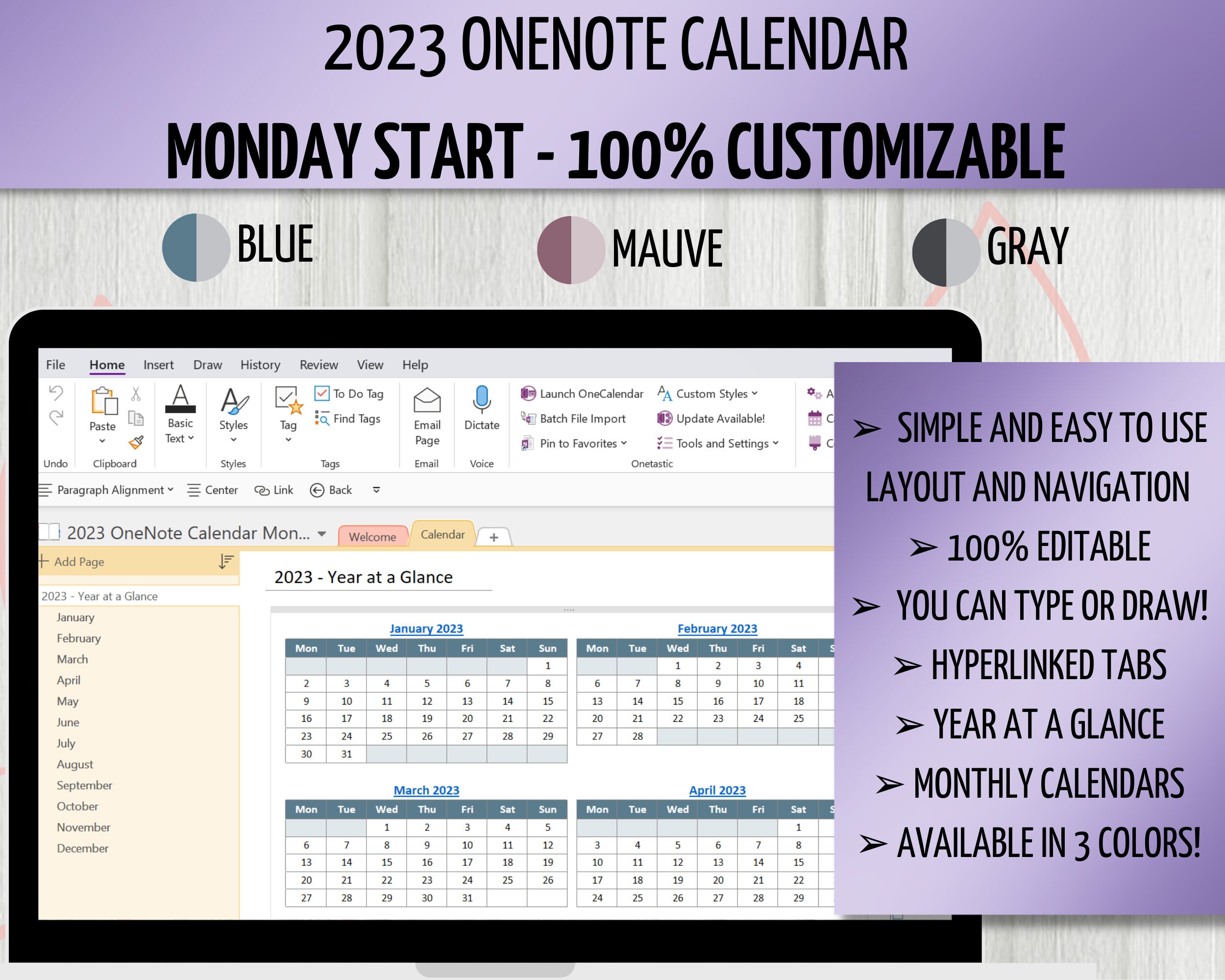 2023 Editable Onenote Calendar Monday Start Dated Digital - Etsy