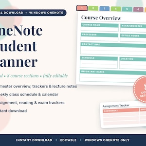 Puede incluir: Un planificador estudiantil digital para OneNote que muestra una página de resumen de curso con ocho pestañas de colores, campos para detalles del curso y un rastreador de tareas. El diseño incluye texto sobre el resumen semestral.