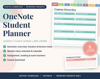Könnte beinhalten: Ein digitaler OneNote-Studentenplaner mit einer Kursübersichtsseite mit acht farbigen Reitern, Feldern für Kursdetails und einem Aufgaben-Tracker. Das Layout enthält Text für Semesterübersicht, Tracker und Vorlesungsnotizen.