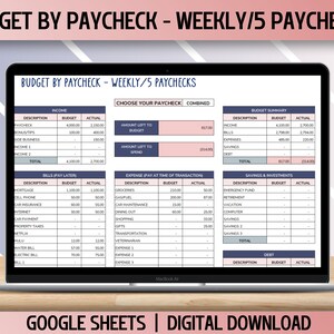 Budget by Paycheck Spreadsheet, Google Sheets Spreadsheet Template. Weekly Paycheck Budget, Monthly Finance Planner
