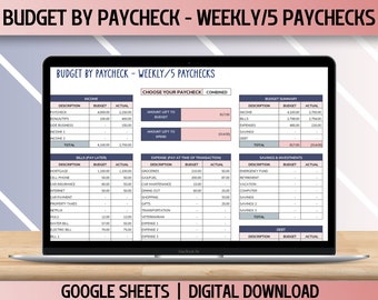 Budget by Paycheck Spreadsheet, Google Sheets Spreadsheet Template. Weekly Paycheck Budget, Monthly Finance Planner